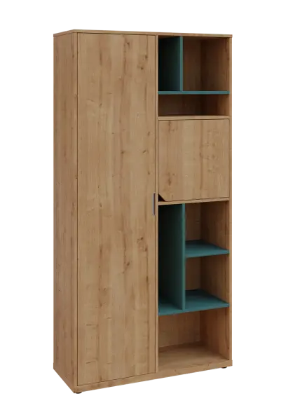 KSR6-83 L skříň šatní, 1x výsuvné ramínko, dvířka, niky, 2053x1022x400 mm, provedení levé, korpus a dvířka dub lite/police světle petrolejová